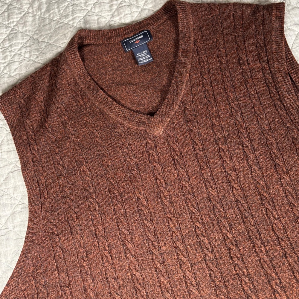 Dockers Mens XXL Brown Cable Knit V-Neck Sweater Vest Heathered Acrylic 0003